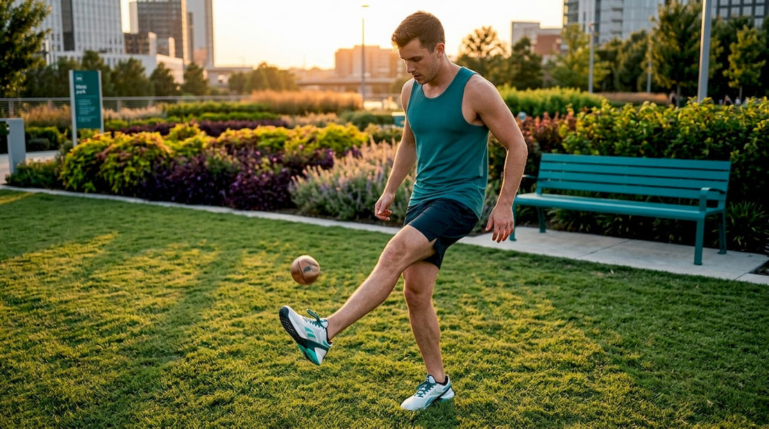 Footbag player performing trick outdoors